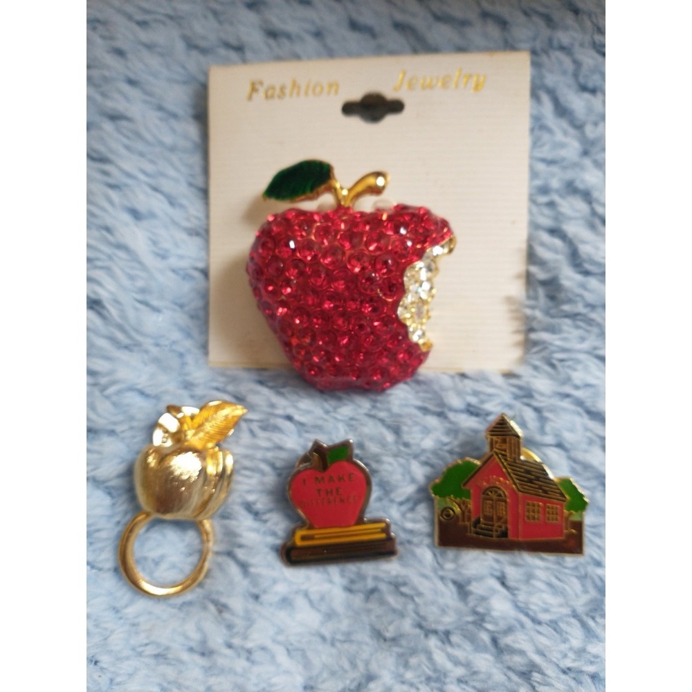 Lot Of 4 Vintage Apple Teacher Brooch Pin - Picture 1 of 6